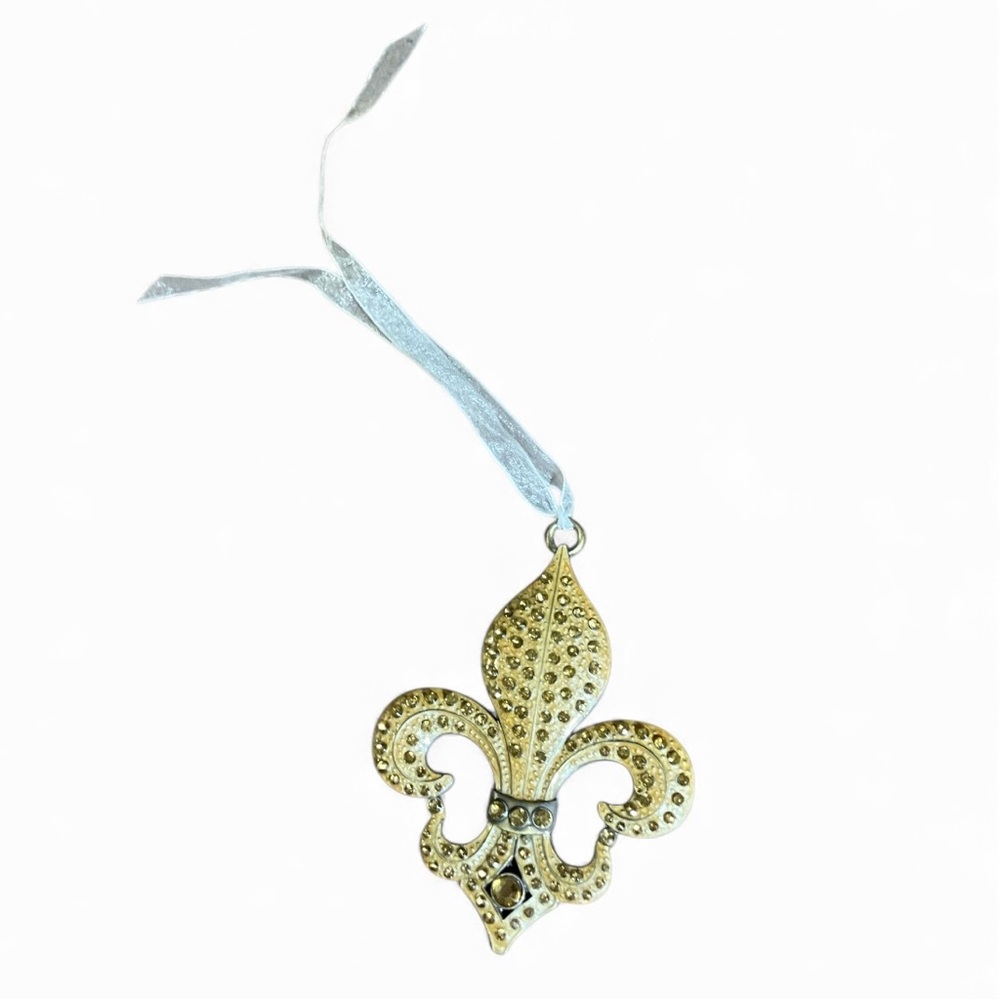 Fleur-de-Lis Gold Toned Metal Ornament Yellow Manmade Stones Large
